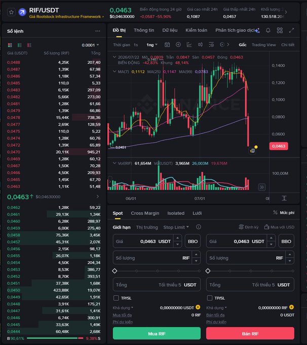 A Binance cryptocurrency trading interface in Vietnamese for the RIF/USDT pair (Rootstock Infrastructure Framework), showing a price of 0.0463 and a candlestick chart with significant price decline.