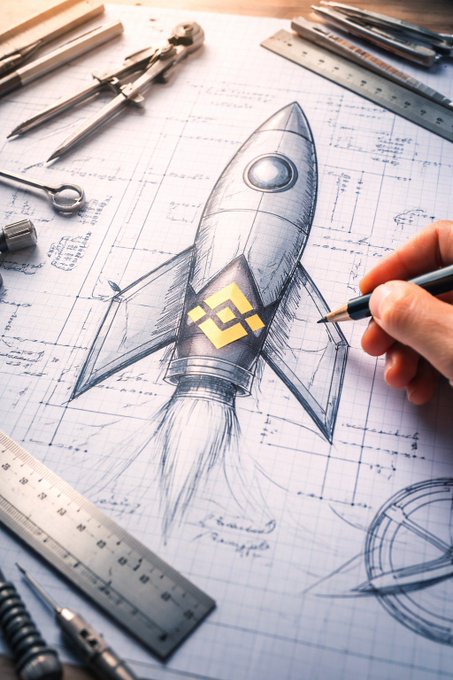 A hand uses a pencil to sketch a rocket ship with a Binance logo on it, drawn over blueprinted paper surrounded by drafting tools.