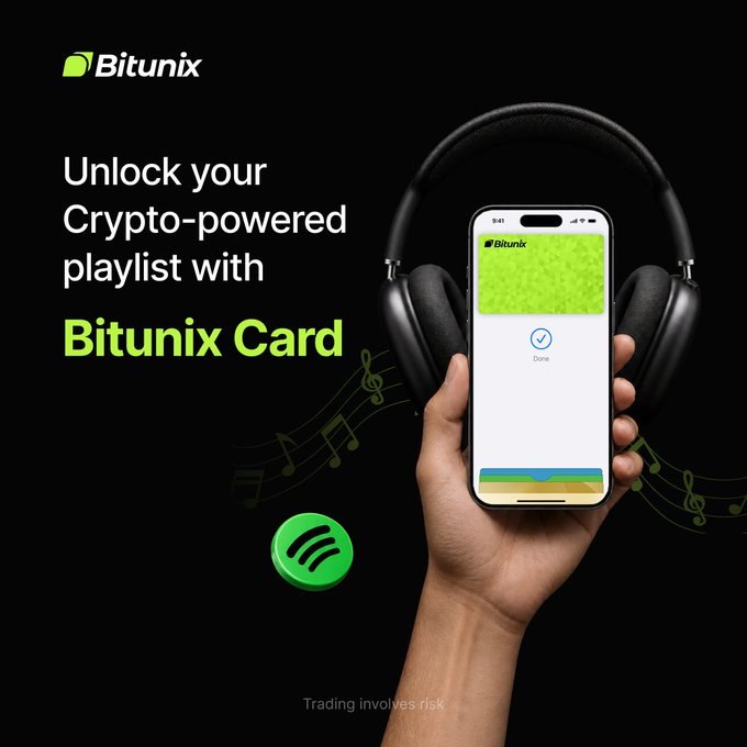 A Bitunix Card advertisement featuring a hand holding a smartphone displaying a successful transaction confirmation screen, framed by large black headphones with musical notes flowing around them. The image promotes the tagline "Unlock your Crypto-powered playlist with Bitunix Card," tying the music streaming theme to the referral offer of $10 for referrers and $5 for new users.