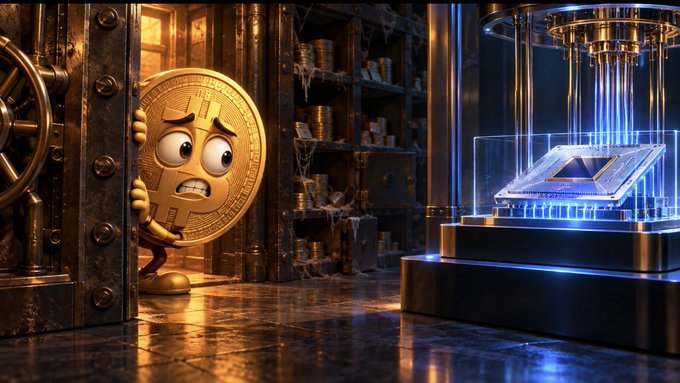 An animated Bitcoin coin peers nervously from behind an old vault door at a glowing quantum computer, humorously illustrating Google's Willow quantum breakthrough prompting early Bitcoin holders to reconsider security upgrades.
