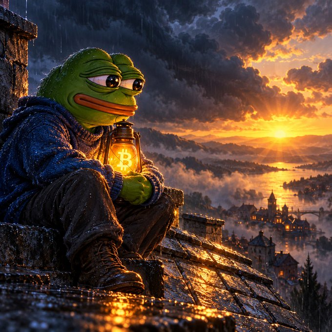 Digital art of a sad Pepe the Frog character in a sweater sitting on a rooftop at sunset, holding a glowing lantern with a Bitcoin symbol, overlooking a misty town.