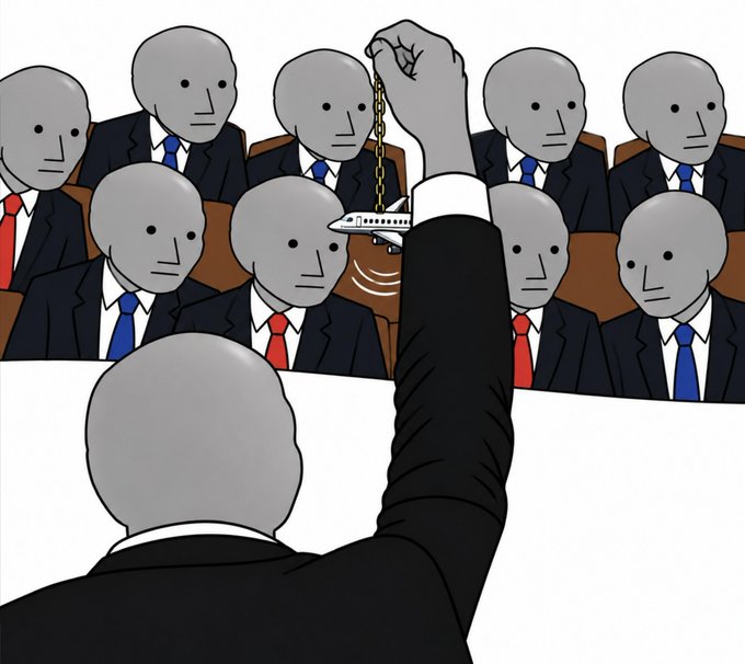A digital illustration depicting a boardroom where a central figure holds up a small private jet on a chain like a puppet, surrounded by faceless board members in red and blue ties.