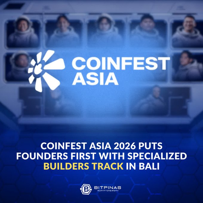 A promotional graphic for Coinfest Asia 2026 features the event's blue logo against a backdrop of astronaut imagery, with text announcing that the festival's specialized Builders Track in Bali puts founders and developers first with a curated lineup focused on building and ecosystem growth.