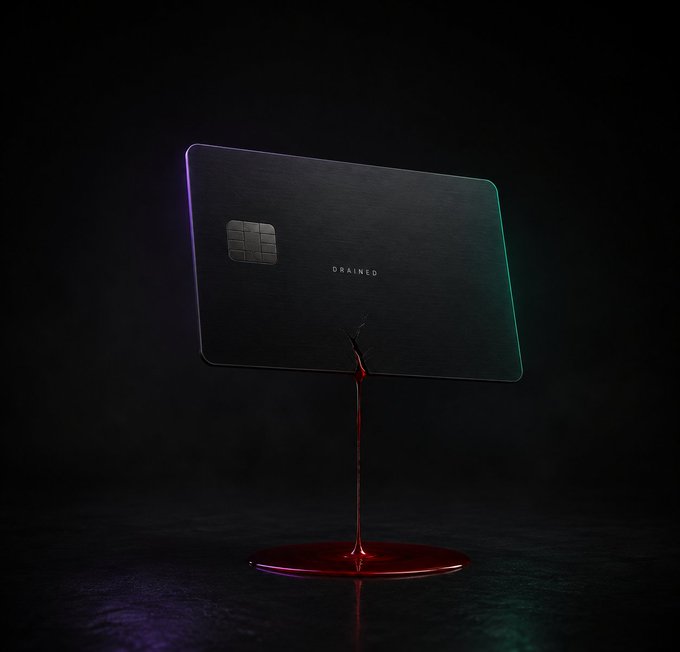 A black credit card with the word 'DRAINED' embossed on it, displayed on a stand with red liquid dripping from it, symbolizing a drained account.