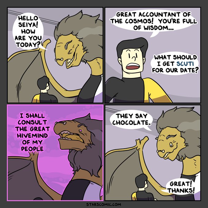 A four-panel webcomic titled "StarsComic" featuring a dragon-like character named Seiya advising a human on what gift to buy for a date; dialogue includes "HELLO SEIYA! HOW ARE YOU TODAY!?", "GREAT ACCOUNTANT OF THE COSMOS! YOU'RE FULL OF WISDOM...", "WHAT SHOULD I GET SCUTI FOR OUR DATE?", "I SHALL CONSULT THE GREAT HIVEMIND OF MY PEOPLE", "THEY SAY CHOCOLATE.", and "GREAT! THANKS!"