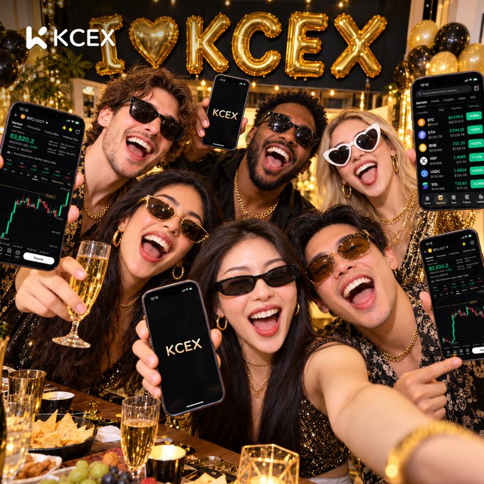 A group of six young adults in sunglasses posing at a festive party with balloons and KCEX-branded smartphone trading screens, holding up phones and champagne glasses with big smiles.