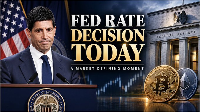News thumbnail titled 'FED RATE DECISION TODAY - A MARKET DEFINING MOMENT' showing Federal Reserve Chair Jerome Powell at a podium, the Federal Reserve building, and Bitcoin and Ethereum coins.