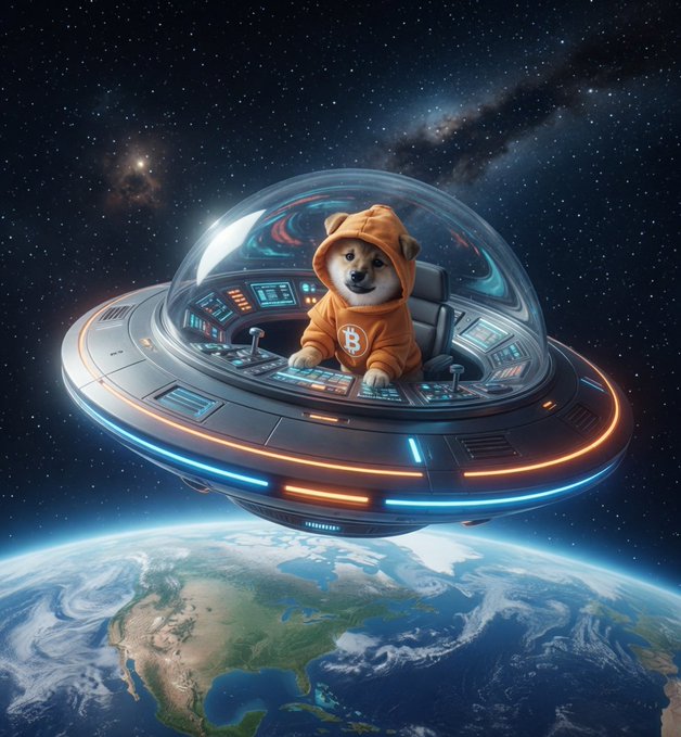 ursa, a Shiba Inu dog, sits in the driver's seat of an orange-hued spaceship, gazing at Earth from space.
