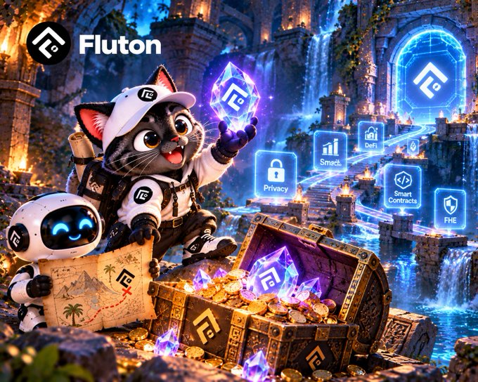 A colorful digital artwork for Fluton cryptocurrency featuring an animated cat character wearing a hat with the 'F' logo, alongside a robot companion, set in a fantasy landscape with a treasure chest of gold and glowing blue feature icons including Privacy, DeFi, Smart Contracts, and FHE.