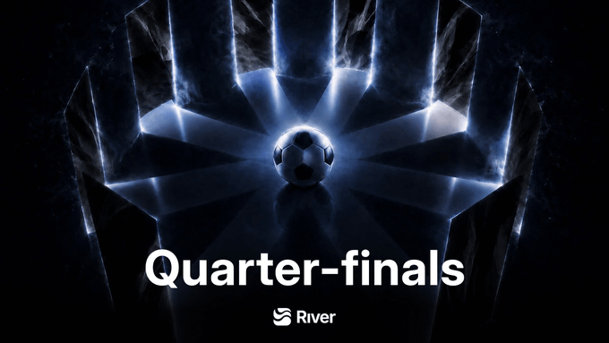 A dramatic, dark-toned graphic featuring a glowing soccer ball centered between illuminated stadium pillars, with the bold text "Quarter-finals" displayed prominently below and the "River" logo at the bottom. The image visually reinforces the post's announcement of the launch of voting for the Quarter-finals round of the River World Cup.