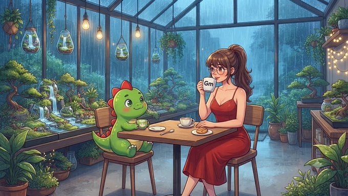 Charming illustrated scene of a young woman in a red dress having tea with an adorable green cartoon dinosaur at a cafe table surrounded by lush indoor garden with hanging plants and terrariums.