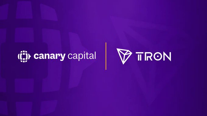 The image displays a purple banner featuring the logos of "Canary Capital" and "TRON," separated by a vertical line, visually representing the partnership behind the newly launched $TRXS product—a first-of-its-kind spot ETF for TRX staking yields listed on Cboe and available on Robinhood.