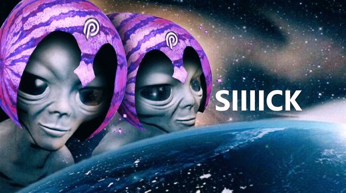 A surreal image of two aliens in purple watermelon-patterned helmets floating in space above Earth, with the text "SIIICK" displayed on the right.