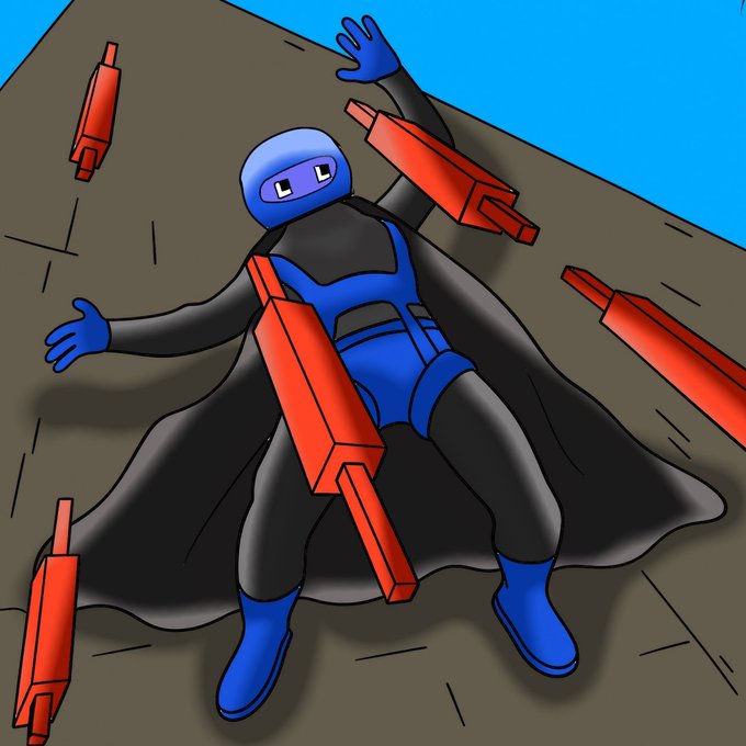 An illustration of a cartoon-style character in a blue and black costume with a cape, lying on the ground surrounded by red explosive darts or projectiles.