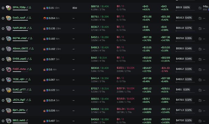 The image shows a leaderboard/ranking table of top Solana memecoin traders, displaying usernames, profit/loss figures, and percentages, with top trader "2Pi4_TDSg" showing $667.8 in profit and "fr6y_Bod" at the bottom. The table serves as evidence supporting the claim about $CASHDOG, likely showing trader activity and suspicious patterns consistent with a bundled scam, where coordinated wallets profit at the expense of retail buyers.