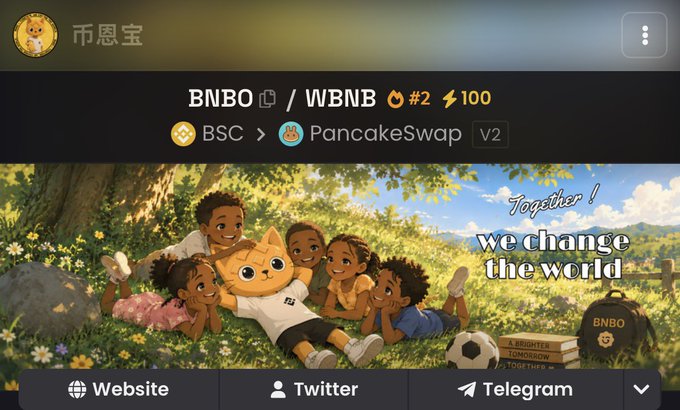 CoinGecko or similar crypto listing for BNBO/WBNB on PancakeSwap V2 (BSC chain), ranked #2, featuring anime-style artwork with the tagline 'Together! we change the world'.