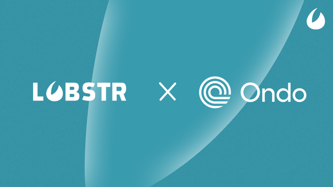 The image shows a partnership between Lobstr and Ondo, featuring their respective logos. This visual represents the collaboration mentioned in the post, highlighting the integration of Ondo's USDY product on the Lobstr platform.