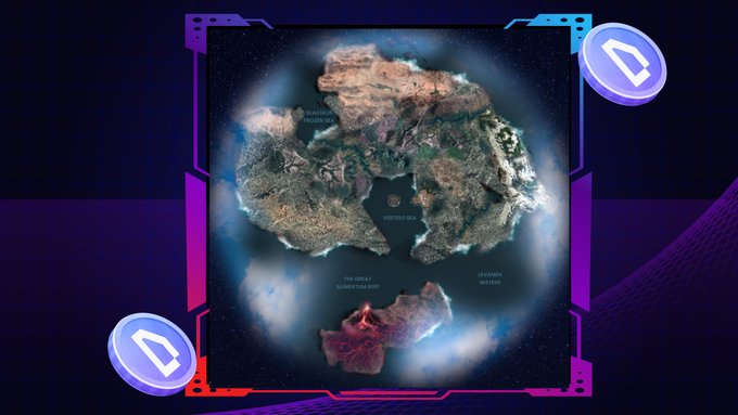The image features a map of the world with two blue circles placed at different locations within the frame. The map displays various countries and their respective distances from each other, indicating that this could be an interactive map or a game related to exploring the world. The caption above the image reads "2,000 km² of world waiting to be explored. The World of Dypians map is packed with partner zones, hidden areas, exclusive events powered by $WOD, and challenges around every corner". This suggests that there are multiple locations on the map where players can explore or interact with each other in a virtual setting.