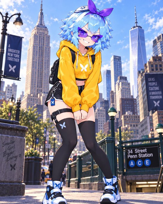 Anime-style artwork of a blue-haired character in a yellow hoodie and black shorts posing near the 34 Street Penn Station subway entrance in New York.