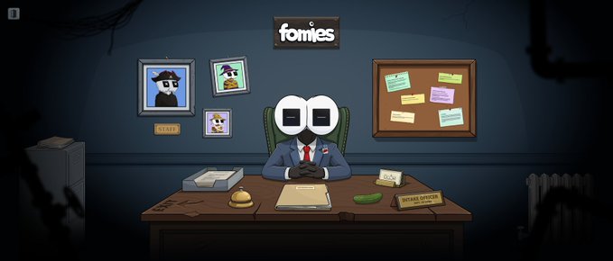 A cartoon character with large 'fomie' eyes sits at a desk in a dim office labeled 'fomies', with a framed portrait of a Pepe-like character on the wall behind them.