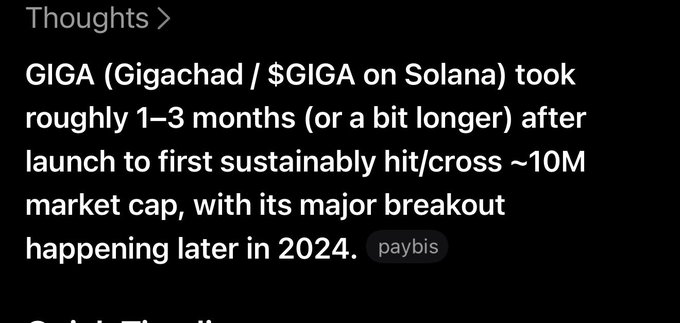 The image shows a black background with white text that reads " Thoughts". Below the thoughts, there are two ideas presented about Giga (Gigacad) and its launch into the market cap. The first idea suggests that Gigacad took roughly 1-3 months to launch, while the second idea states that it launched to first sustainably hit a cross (10M).