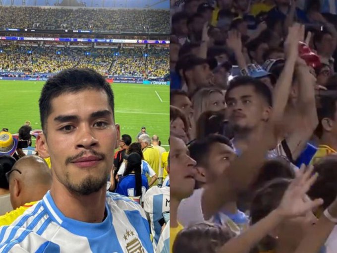 The image is a side-by-side showing a man in an Argentina national team jersey taking a selfie at a stadium (left), contrasted with a crowd of fans, including a person in an Argentina jersey, cheering enthusiastically (right). The caption "Griftman must Grift." suggests the man is leveraging his presence at the match—possibly posing as a fan or influencer—to gain attention or clout, implying an opportunistic or attention-seeking motive behind the photo.