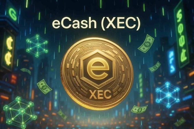 The image features a golden coin with the word "eCash" written above it. The coin is surrounded by various coins, including one that says "XEC", indicating its connection to cryptocurrency. The background of the image shows a city skyline filled with buildings and neon lights, creating an urban atmosphere. The post emphasizes the importance of understanding the true value of eCash and not being influenced by hype or marketing tactics.