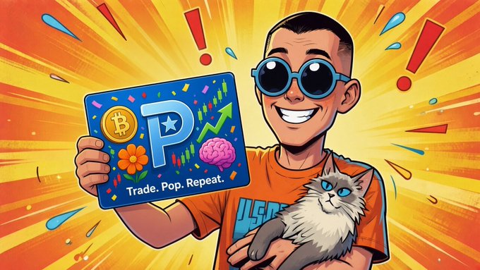 A cartoon-style image shows a smiling man wearing sunglasses holding up a "Trade. Pop. Repeat." sign featuring Bitcoin, PayPal, and chart icons, while cradling a fluffy cat in his other arm, all set against a vibrant yellow starburst background.

The image's flashy, hype-driven aesthetic with crypto logos and meme-worthy slogan ("Trade. Pop. Repeat.") visually mirrors the post's critique of incentive-chasing Perp DEX users chasing short-term rewards rather than genuine engagement.