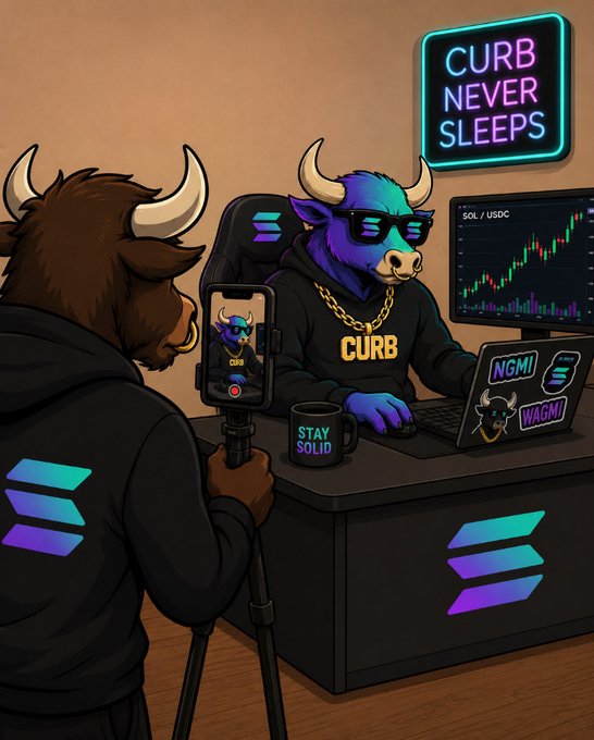 A purple bull wearing a "CURB" hoodie and sunglasses films a podcast interview with another bull, set against a neon "CURB NEVER SLEEPS" sign, a SOL/USDC trading chart, and a "STAY SOLID" coffee mug.

The cartoonish scene of bull mascots actively creating content and trading aligns with the post's call for the $CURB community to keep spreading the word, producing videos, and staying bullish at current prices.