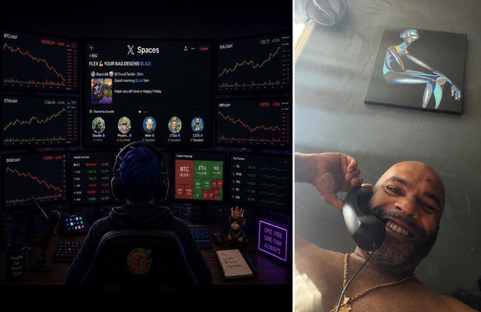 The image contrasts two scenes: on the left, a person intensely focused on multiple monitors displaying X Spaces with crypto tickers like BTC and ETH, while on the right, "LIL LAZI" is seen shirtless, smiling, and casually talking on the phone with headphones around his neck. This visual juxtaposition humorously supports the caption's message that while most traders are locked in during X Spaces, he's just having fun and "OGs built a lil different."