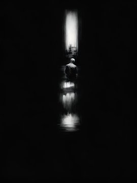 A black-and-white photograph showing a silhouetted figure sitting alone on the floor, framed by a narrow opening that lets light stream in, creating a reflection on the polished floor.