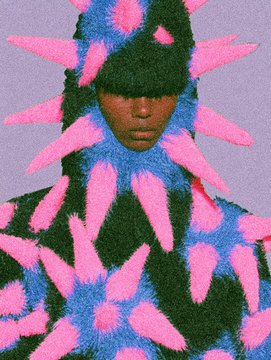 A stylized portrait features a person wearing a fuzzy, vibrant costume with pink, blue, and green textures, with large pink spike-like protrusions extending from the headpiece.