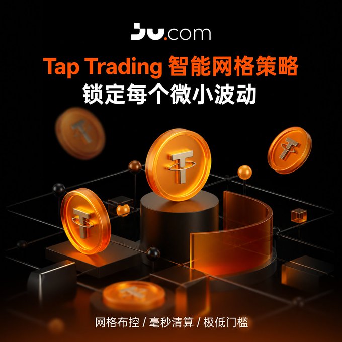 The image features a 3D rendering of coins, with three gold coins placed on black bases against an orange background. The text "jucoin.com/zh-CN/tap-trad" appears above the coins, indicating that this is related to the cryptocurrency market and the concept of tap trading.