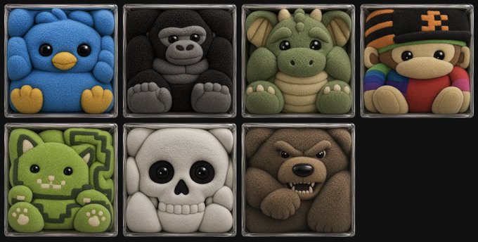 A collection of seven cube-shaped plush toys featuring various animals and creatures (a blue bird, gorilla, green dragon, rainbow monkey, green fox/cat, white skull, and brown bear). The arrangement and styling relates to the "$FWA" reference, likely showcasing the full set of these collectible character plushies.