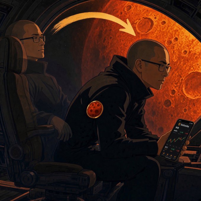 An illustrated artwork shows a bald man with glasses looking at a phone displaying the Bstock (BSTK) ticker, with a Mars-like planet and another figure in the background.