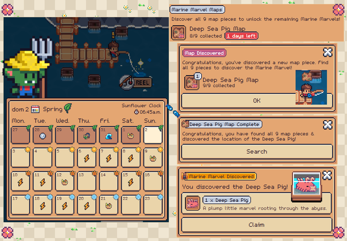 A pixel art game interface showing a calendar, a fishing dock scene, and pop-up notifications for discovering a 'Deep Sea Pig Map' and a '1x Deep Sea Pig' Marine Marvel.