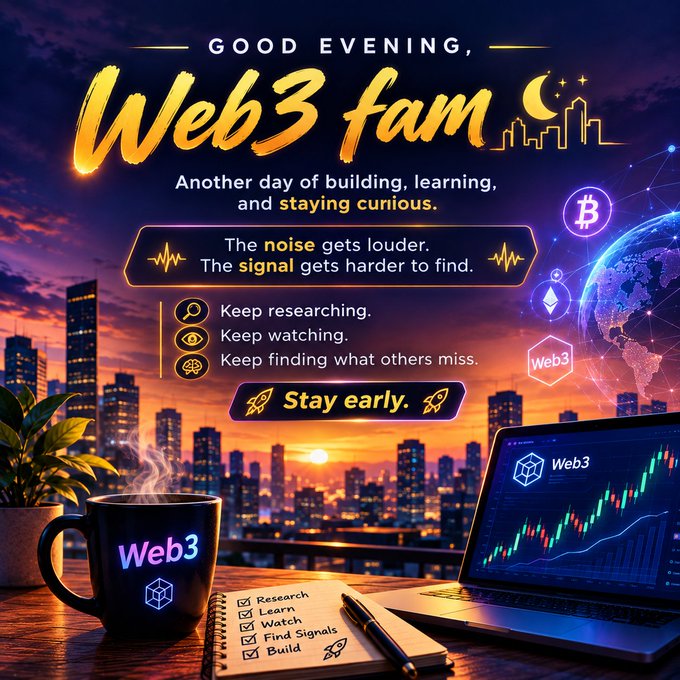 A motivational graphic titled 'Good Evening, Web3 fam' featuring text about staying curious, researching, and watching, with a Web3 mug, laptop showing a stock chart, and SpaceX rocket imagery at sunset.