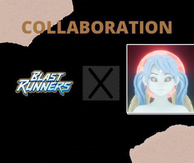 A collaboration announcement graphic featuring the text "COLLABORATION" above the Blast Runners logo and a character image, promoting a partnership between BlastrunnersPVP and NeonSouls for an NFT drop of 2222 unique pieces on the EVM blockchain priced at 0.002 ETH.