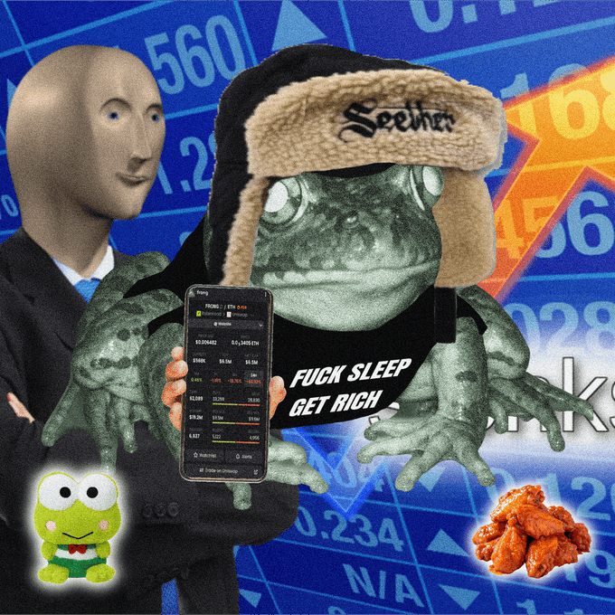 A meme collage features a Pepe-style frog wearing a fur-lined "Seehofer" trapper hat and a "FUCK SLEEP GET RICH" shirt while holding a phone showing a crypto trading chart, with a Meme Man in a suit, Keroppi, and chicken wings against a background of blue stock tickers and an orange star. The image's "fuck sleep, get rich" hustle-culture aesthetic and crypto trading screen thematically align with the post's announcement of a free Frong NFT mint on OpenSea, reinforcing the speculative degen NFT trading culture.