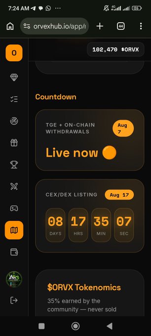 A screenshot of the OrvexHub app displays a countdown for $ORVX events, showing "TGE + ON-CHAIN WITHDRAWALS Live now" and a CEX/DEX LISTING countdown at 08 days, 17 hours, 35 minutes, and 07 seconds until August 17. The image supports the post's timeline for the TGE, airdrop claim functionality, and on-chain withdrawals.
