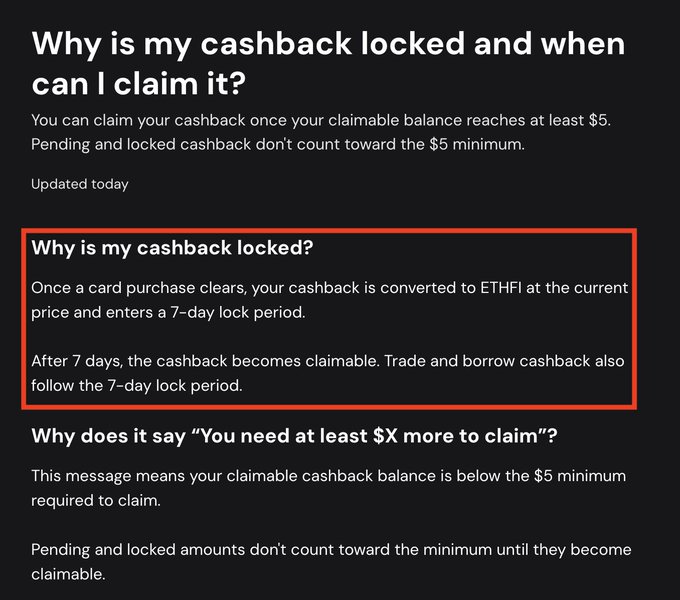 An FAQ section titled 'Why is my cashback locked and when can I claim it?' with a red box highlighting that cashback converts to ETHFI and enters a 7-day lock period before becoming claimable.