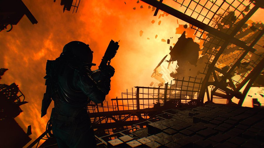 A silhouetted astronaut in a spacesuit aims a pistol while standing on a metal grating, with a fiery orange explosion and debris filling the background.