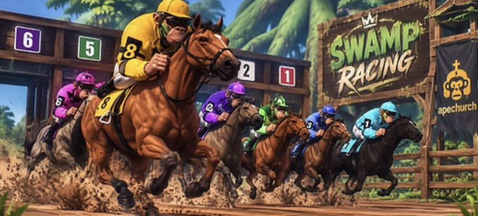 A promotional graphic for 'Swamp Racing' from apechurch features horses and jockeys racing out of starting gates.