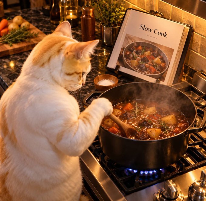 An orange and white cat stands on its hind legs on a stove, appearing to cook stew in a pot while referencing a 'Slow Cook' recipe book displayed nearby.