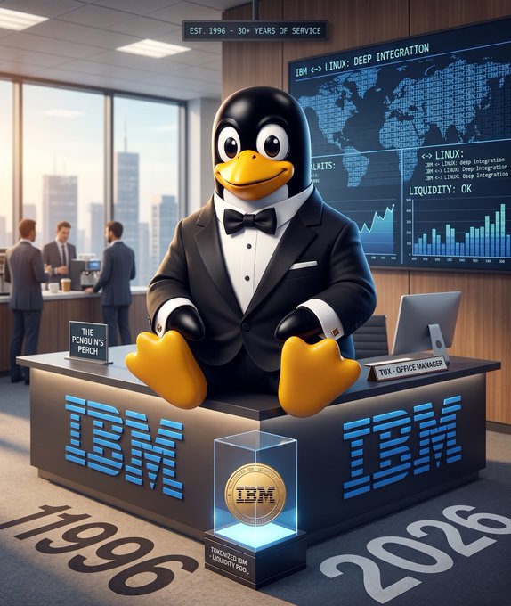 A digital rendering of the Linux penguin mascot Tux wearing a tuxedo and sitting at an IBM-branded desk labeled "TUX - OFFICE MANAGER," with signage reading "EST. 1996 - 30+ YEARS OF SERVICE" and a "TOKENIZED IBM LIQUIDITY POOL" display.