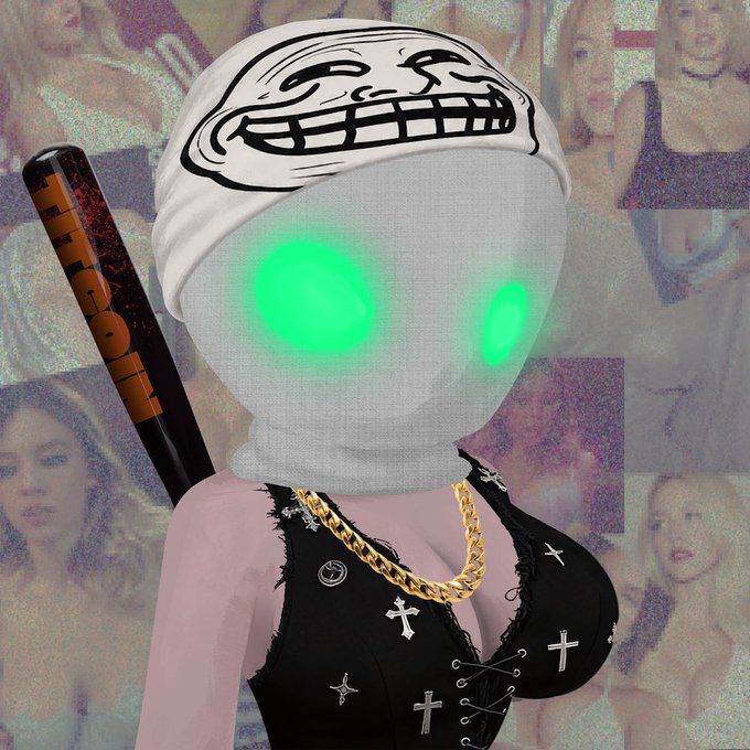 A digitally edited image shows a troll face wearing a white bandana, a black corset with cross designs, and a gold chain, set against a collage background. The figure has glowing green eyes and holds a black baseball bat with orange text.