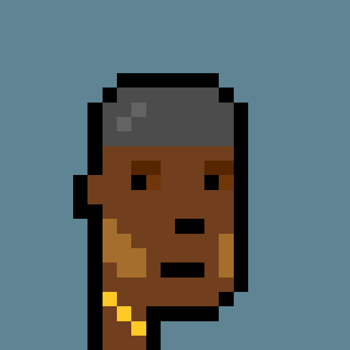 A pixel art portrait of a dark-skinned character with a gray headband, shown in profile against a blue background.