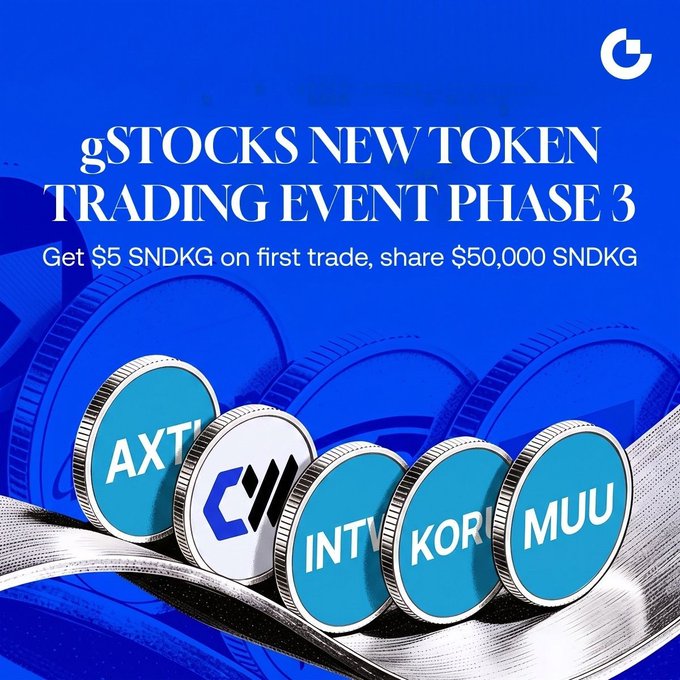 A blue promotional graphic for "gSTOCKS NEW TOKEN TRADING EVENT PHASE 3" features coins representing tickers AXT, CM (CME), INTU, KOMP, and MU, highlighting the offer to "Get $5 SNDKG on first trade, share $50,000 SNDKG" in line with the post's promotion of trading AI compute, semiconductor, and index ETFs with newcomer rewards.