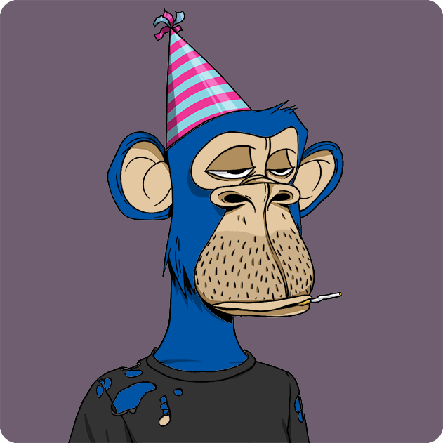 A digital illustration of a blue Bored Ape-style monkey wearing a pink and blue striped party hat, with half-closed eyes and a stubbled muzzle, on a purple background.