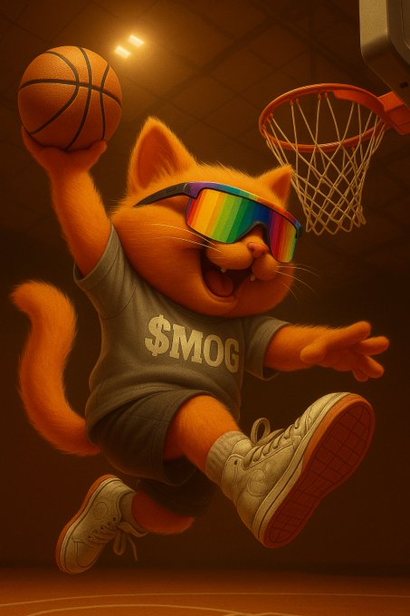 An orange cat wearing rainbow sunglasses and a gray '$MOG' t-shirt leaps through the air with a basketball, heading toward a hoop in a dimly lit gym.